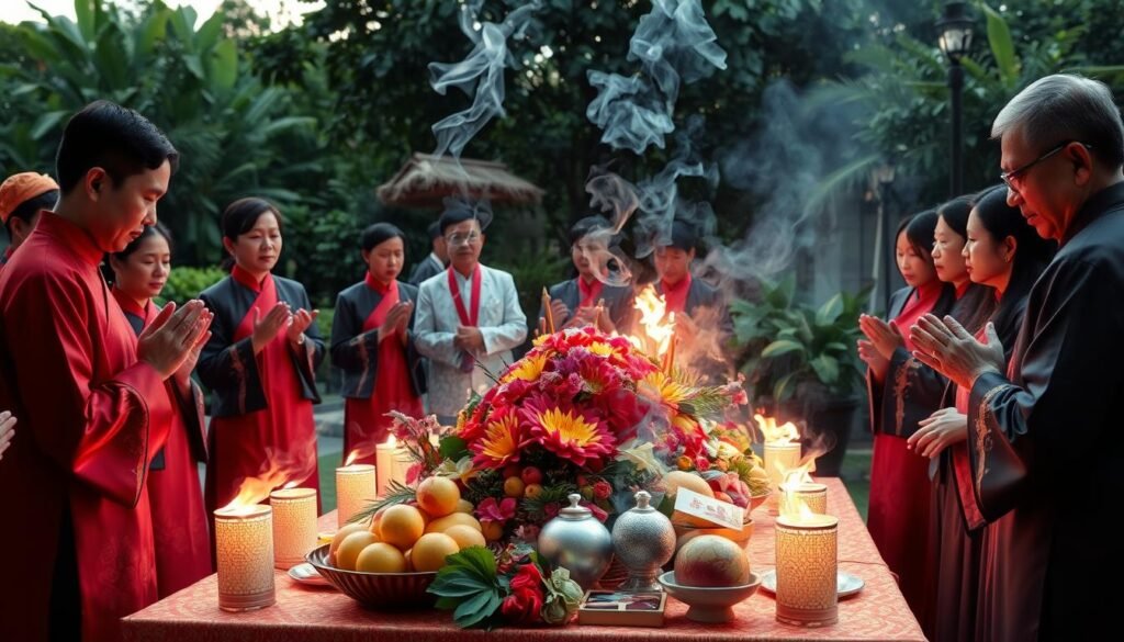 Gong Guan funeral rituals: chanting, prayers, and burning offerings.