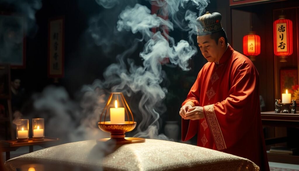 Taoist priest performing rituals in a funeral ceremony