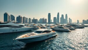A breathtaking skyline of luxury yachts moored in the sparkling waters of Singapore's Marina Bay. The sleek, gleaming vessels exude opulence, their chrome fittings and polished hulls reflecting the vibrant cityscape in the distance. Sunlight dances across the waves, casting a warm, golden glow over the scene. In the foreground, a well-appointed superyacht commands attention, its expansive decks and gleaming topsides hinting at the lavish interiors within. The middle ground features a variety of smaller, yet equally impressive, private cruisers and day boats, each with their own distinct style and personality. The background is dominated by the iconic skyscrapers of the Singapore skyline, creating a stunning contrast between the natural and the man-made. The overall atmosphere is one of sophistication, wealth, and the sheer joy of life on the water.