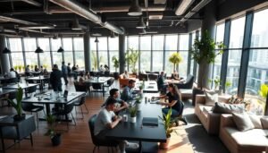 A bustling co-living hub in Singapore, showcasing a modern, open-concept communal space. Sunlight filters through large windows, illuminating sleek furniture, potted plants, and shared workstations. In the foreground, young professionals collaborate at a long table, sipping coffee and exchanging ideas. The middle ground features comfortable lounge areas with plush seating, encouraging casual interactions and relaxation. In the background, glass walls offer glimpses of a lush, urban landscape, hinting at the vibrant neighborhood beyond. The overall atmosphere radiates creativity, productivity, and a sense of community, embodying the essence of contemporary co-living in Singapore.