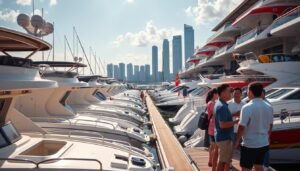 A bustling harbor in Singapore, with rows of sleek and colorful boats docked along the quayside. The sun casts a warm glow, highlighting the boats' polished exteriors. In the foreground, a group of prospective buyers examines the vessels, discussing prices and features. The middle ground showcases a diverse range of boat models, from small leisure craft to larger yachts, all competitively priced to suit different budgets. In the background, the iconic Singapore skyline rises, a testament to the city's thriving maritime industry. The scene exudes an atmosphere of excitement and possibility, inviting viewers to explore the best boat deals in the country.