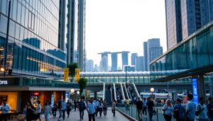 A bustling urban scene in Singapore, illuminated by the warm glow of streetlights and the neon signs of nearby shops. In the foreground, a modern high-rise building with sleek glass facades stands tall, its ground floor dotted with cafes and restaurants. Pedestrians stroll along the sidewalk, carrying shopping bags and conversing animatedly. In the middle ground, a gleaming MRT station emerges, its elevated tracks cutting through the cityscape. Commuters hurry up the stairs, their silhouettes cast against the backdrop of the station's architectural details. The background is dominated by a panoramic view of the Singapore skyline, with towering skyscrapers and iconic landmarks like the Marina Bay Sands hotel and the Singapore Flyer ferris wheel on the horizon, bathed in the soft hues of dusk.