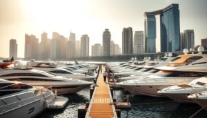 A bustling waterfront scene in Singapore, showcasing the vibrant yacht market. In the foreground, a collection of sleek, luxurious power yachts moored at the docks, their glossy hulls reflecting the sunlight. The middle ground features yacht brokers and prospective buyers evaluating the vessels, with a sense of excitement and negotiation in the air. In the background, the iconic skyline of Singapore's marina district rises, its modern skyscrapers and high-end residential towers creating a stunning backdrop. The scene is illuminated by warm, golden sunlight, casting a serene and tranquil atmosphere over the entire tableau. A wide-angle lens captures the depth and scale of the market, highlighting the abundance of options available to discerning yacht enthusiasts.