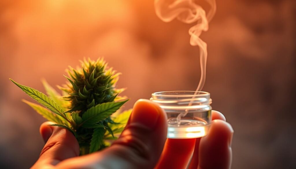 A close-up shot of a cannabis bud, its vibrant green leaves glowing under warm, soft lighting. In the foreground, a hand delicately holds a small, glass container, its contents emitting a faint, wispy smoke. The scene is set against a hazy, atmospheric backdrop, conveying a sense of focus and contemplation. The lighting is carefully balanced, creating a serene, almost meditative ambiance. The composition emphasizes the process of decarboxylation, highlighting the importance of proper activation to unlock the full potency of the cannabis plant.