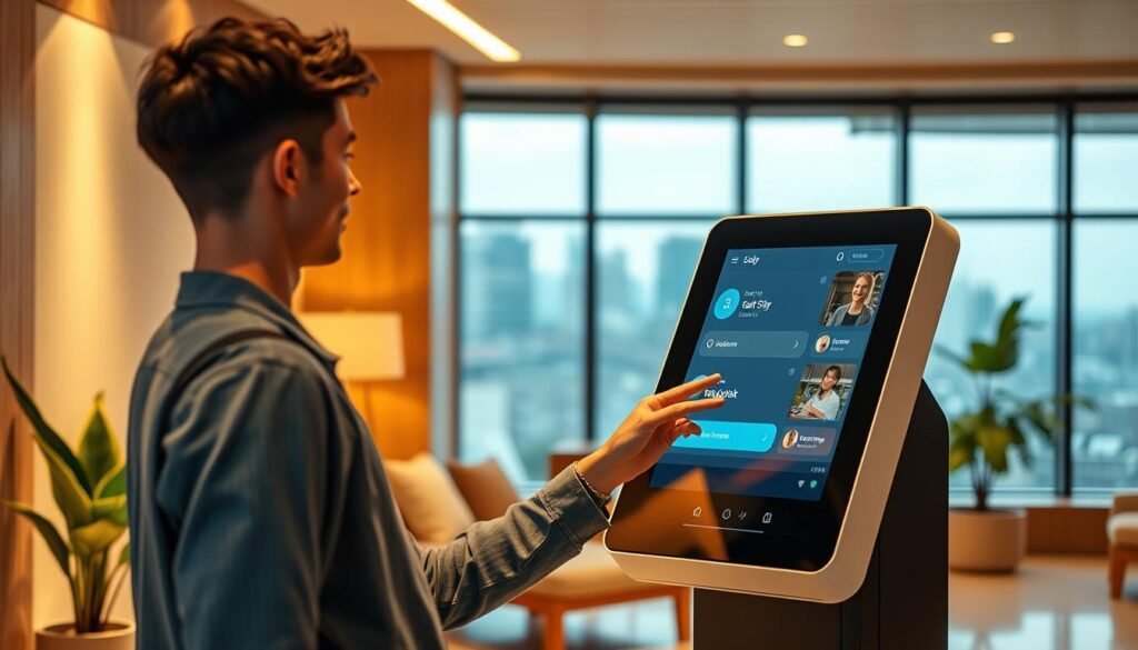 A cozy, modern co-living hotel lobby with a digital kiosk prominently displayed. Soft, warm lighting illuminates the minimalist yet inviting decor - clean lines, natural wood accents, and plants add touches of nature. In the foreground, a young traveler is effortlessly booking their stay through the intuitive touchscreen interface, their face reflecting the ease and convenience of the experience. The background features a tranquil, blurred city skyline visible through large windows, hinting at the hotel's prime urban location. The overall scene conveys a sense of seamless, hassle-free booking for this contemporary co-living accommodation.