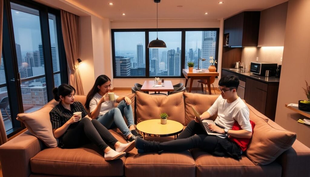 A cozy, modern co-living space in Singapore with flexible rental options. In the foreground, a group of young professionals relaxing on a plush sectional sofa, laptops and coffee mugs in hand. The middle ground showcases a well-equipped kitchenette with sleek appliances and a communal dining table, while the background reveals floor-to-ceiling windows overlooking the city skyline. Warm, diffused lighting casts a welcoming glow, and the overall atmosphere exudes a sense of productivity and community. The scene conveys the convenience and adaptability of short-term and long-term rental options tailored for the needs of young urban professionals in Singapore.