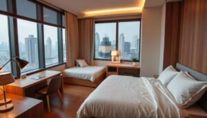 A cozy shared room in a modern Singapore apartment, featuring plush bedding, sleek furniture, and warm ambient lighting. The space feels inviting, with minimalist decor and large windows overlooking the bustling city skyline. Soft textures, natural wood tones, and a neutral color palette create a harmonious, relaxing atmosphere. The room is efficiently designed, maximizing the limited space to provide comfortable living for multiple residents. An ideal co-living setup that balances functionality, affordability, and a sense of community.