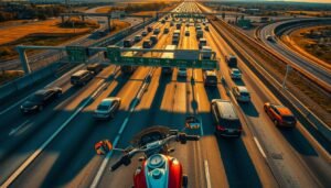 A detailed aerial view of a busy toll plaza with multiple lanes and vehicles navigating through, illuminated by warm, directional lighting that casts long shadows. In the foreground, a motorcycle rider carefully positions their vehicle to pass through the EZ Pass lane, their body language focused and attentive. The middle ground showcases the various toll booth configurations, with clear signage and demarcations guiding drivers. The background depicts the broader highway infrastructure, with merging traffic and the distant horizon. The scene conveys a sense of efficient, well-organized movement through the toll booth system.