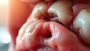 A detailed close-up view of a tooth extraction wound during the healing process. The foreground depicts the surgical site with freshly sutured gums, showcasing the gradual closure and tissue regeneration. The middle ground captures the surrounding dental structure, with a focus on the empty tooth socket and the gradual filling of the gap. The background is softly blurred, creating a sense of depth and clinical atmosphere. Warm, natural lighting illuminates the scene, highlighting the textural details of the healing tissues. A sense of care and attentiveness is conveyed, reflecting the importance of proper aftercare for a smooth recovery.