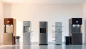 A detailed comparison of POU (Point of Use) water dispenser features, showcased in a clean, modern layout. The foreground displays various POU units side-by-side, with their key specifications and performance metrics neatly presented. The middle ground features a minimalist backdrop, allowing the products to take center stage. The lighting is soft and natural, creating depth and highlighting the sleek, refined designs. The overall atmosphere conveys a sense of professionalism and technical expertise, guiding the viewer through the essential considerations when choosing the perfect POU water dispenser for their needs.