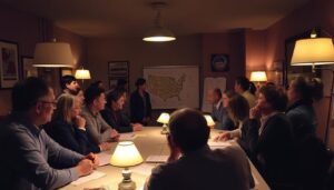 A dimly lit room, illuminated by the soft glow of table lamps, where a group of people gather around a conference table, engrossed in lively discussion. In the foreground, a diverse set of individuals - men and women of various ages and backgrounds - lean in, exchanging ideas and making notes. The middle ground features a whiteboard or projection screen, displaying maps, charts, and talking points, guiding the conversation. In the background, the room is adorned with political memorabilia, campaign posters, and a sense of camaraderie as these committed volunteers plan their next steps to engage the local community. The atmosphere is one of focus, determination, and a shared purpose to make a difference in the political landscape.