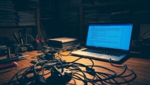 A dimly lit workshop, cluttered with tools and electronic components. In the foreground, a laptop screen displays a Modro installation guide, the cursor hovering over troubleshooting steps. Cables and circuit boards are scattered across a worn wooden workbench, casting long shadows in the soft, warm lighting. In the background, shelves filled with technical manuals and spare parts line the walls, hinting at the owner's expertise. The scene conveys a sense of focused problem-solving, the challenge of installation troubleshooting for the Modro software on a Kodi system.