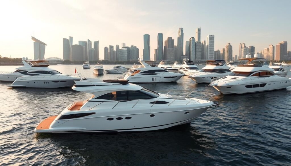 A fleet of luxury motor yachts gently swaying in the calm waters of Singapore's Marina Bay, their sleek hulls and gleaming chrome fittings reflecting the warm afternoon sunlight. In the foreground, a well-appointed 50-foot yacht with a flybridge, its expansive deck and comfortable seating inviting potential buyers to envision themselves cruising the city's iconic waterfront. In the middle ground, larger 70-foot models with elegant lines and impressive silhouettes, their spacious interiors and state-of-the-art amenities showcasing the epitome of nautical opulence. The background is dominated by the impressive skyline of Singapore, its iconic skyscrapers and towering landmarks providing a stunning backdrop to this display of maritime luxury.