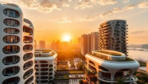 A futuristic cityscape of Singapore's co-living hubs, bathed in a warm, golden glow. Sleek, modular high-rise buildings with shared amenities and communal spaces dominate the foreground, their curved facades reflecting the sunset. In the middle ground, lush rooftop gardens and communal terraces connect the buildings, people mingling and socializing. The background showcases the iconic Marina Bay skyline, skyscrapers and landmarks blending seamlessly with the co-living developments. An atmosphere of innovation, connectivity, and vibrant community permeates the scene, hinting at the evolving nature of urban living in Singapore's thriving co-living market.