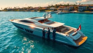 A lavish luxury yacht majestically floating on calm azure waters, its sleek and elegant design exuding sophistication. The sun's golden rays glisten off the yacht's polished exterior, casting warm shadows across the spacious deck. In the foreground, a group of well-dressed individuals examines the yacht's features, discussing potential buying considerations such as engine power, onboard amenities, and maintenance requirements. The middle ground showcases the yacht's luxurious interiors, with plush leather seating, state-of-the-art navigation systems, and panoramic windows providing breathtaking views. In the background, a picturesque coastline with lush palm trees and high-end waterfront properties sets the scene for this exclusive yachting experience. The overall atmosphere conveys a sense of wealth, leisure, and the pinnacle of luxury maritime living.