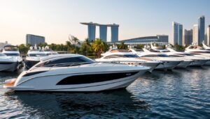 A luxurious array of sleek, state-of-the-art small yachts in an elegant Singapore harbor setting. In the foreground, a gleaming white Riva Aquariva Super yacht, its sculpted lines and polished chrome accents reflecting the sunlight. Behind it, other prestigious brands like Azimut, Ferretti, and Princess Yachts dot the calm waters, their modern designs and vibrant colors creating a harmonious visual symphony. The middle ground features a lush tropical landscape with swaying palm trees, while in the distance, the iconic Marina Bay Sands towers loom, providing a striking backdrop. The scene is bathed in warm, golden lighting, evoking a sense of affluence and sophistication befitting the top luxury small yacht brands available in Singapore.