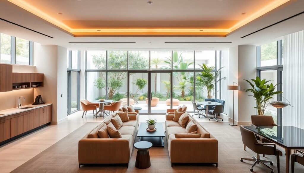 A luxurious co-living space in a central Singapore location, flooded with natural light from large windows overlooking a lush garden courtyard. Elegant, modern furnishings in warm tones complement the airy, minimalist design. Communal areas feature plush sofas, a well-equipped kitchen, and a shared workspace with sleek desks and ergonomic chairs. Residents enjoy a sense of community while maintaining their privacy in spacious, tastefully decorated private suites. The atmosphere exudes an upscale, hotel-like ambiance with high-end amenities and attentive service. Soft, diffused lighting and a neutral color palette create a tranquil, sophisticated vibe.