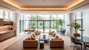 A luxurious co-living space in a central Singapore location, flooded with natural light from large windows overlooking a lush garden courtyard. Elegant, modern furnishings in warm tones complement the airy, minimalist design. Communal areas feature plush sofas, a well-equipped kitchen, and a shared workspace with sleek desks and ergonomic chairs. Residents enjoy a sense of community while maintaining their privacy in spacious, tastefully decorated private suites. The atmosphere exudes an upscale, hotel-like ambiance with high-end amenities and attentive service. Soft, diffused lighting and a neutral color palette create a tranquil, sophisticated vibe.