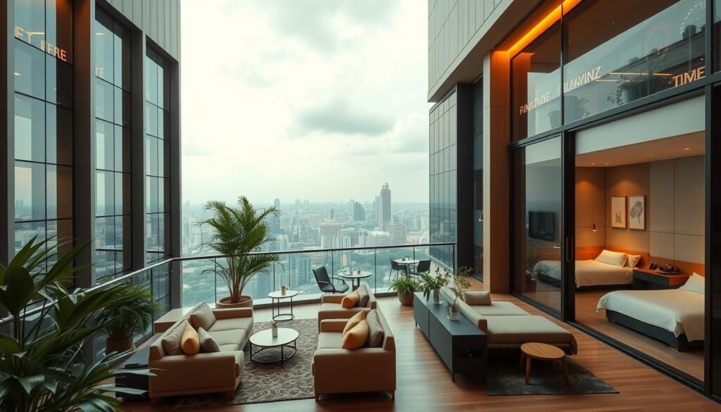 A luxurious high-rise co-living complex in Singapore, showcasing modern architecture with sleek glass facades and clean lines. The foreground features a shared lounge area with plush seating, lush indoor greenery, and warm lighting creating a cozy, upscale ambiance. The middle ground reveals private micro-studio units with minimalist decor and large windows overlooking the city skyline in the background. The scene is captured with a wide-angle lens, conveying a sense of spaciousness and contemporary elegance that embodies the essence of Singapore's thriving co-living scene.