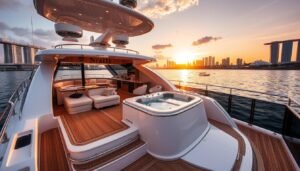 A luxurious small yacht docked in the Marina Bay, Singapore, with its sleek exterior and gleaming chrome accents basking in the warm, golden sunset light. The spacious deck features plush lounge seating, a fully-equipped wet bar, and a large jacuzzi tub offering panoramic views of the city skyline. Below deck, the interior showcases a modern, open-concept design with rich hardwood floors, top-of-the-line appliances, and a sumptuous master suite with panoramic windows. The scene exudes an atmosphere of sophisticated opulence and understated elegance befitting the discerning small yacht owner in Singapore.