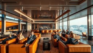 A luxurious yacht club interior with sleek, modern design. In the foreground, a group of well-dressed members relax in plush leather armchairs, sipping cocktails as they enjoy the panoramic views through floor-to-ceiling windows. The middle ground features a spacious lounge area with a fully stocked bar, bartenders preparing custom drinks. The background showcases high-end amenities like a private spa, fitness center, and an expansive outdoor terrace overlooking the sparkling marina. Warm lighting, muted tones, and elegant furnishings create a sophisticated, exclusive ambiance. A wide-angle lens captures the grandeur and attention to detail that defines this world-class yacht club.