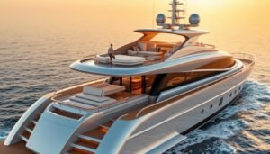 A luxurious yacht with a breathtaking flybridge design, bathed in warm golden light. The sleek, streamlined silhouette commands attention, its polished chrome and teak accents gleaming in the afternoon sun. The spacious flybridge offers panoramic views, inviting guests to recline on plush seating and soak in the serene surroundings. Elegant curves and thoughtful details elevate the yacht's aesthetic, creating a harmonious blend of form and function. High-end materials and meticulous craftsmanship are evident in every aspect, showcasing the pinnacle of maritime engineering and design.