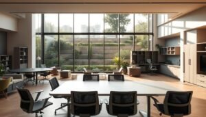 A modern co-living space with sleek, minimalist furnishings. In the foreground, a large communal table is surrounded by ergonomic chairs, creating a collaborative atmosphere. The middle ground features glass walls opening to a lush, terraced garden, bathed in warm, natural lighting. Across the space, modular storage units and nooks for private work or relaxation. The overall mood is one of open, flexible living, designed to foster a sense of community and wellness.