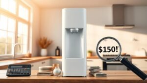 A modern, minimalist water dispenser standing prominently in a bright, airy kitchen. The dispenser's sleek, clean lines and simple, elegant design convey an affordable, practical solution. Around it, various cost-saving elements are displayed, such as a calculator, a stack of bills, and a magnifying glass examining the dispenser's affordable price tag. The scene is illuminated by warm, natural light streaming through large windows, creating a sense of openness and value. The overall composition emphasizes the water dispenser's cost-effectiveness and its ability to provide a high-quality, money-saving alternative for households.
