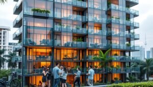 A modern multi-story apartment building in Singapore, its facade transformed with glass-walled balconies and communal lounges, set against a backdrop of lush tropical greenery. The foreground features groups of young professionals engaged in lively discussion, their casual attire and relaxed poses conveying a sense of community. Warm, diffused lighting filters through the balconies, creating a cozy, inviting atmosphere. The scene is captured from a slightly elevated angle, showcasing the building's thoughtful architectural design and integration with the surrounding neighborhood. The image evokes a vision of repurposed real estate that fosters co-living, where residents can thrive in a vibrant, shared living environment.