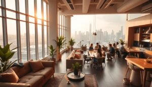 A modern, well-appointed co-living space in downtown Singapore, with an abundance of natural light streaming through large windows. In the foreground, a cozy lounge area features plush, mid-century inspired furniture in earthy tones, complemented by lush potted plants and a minimalist, Scandinavian-inspired design aesthetic. The middle ground showcases a communal kitchen and dining area, where young professionals gather around a long, wooden table to share meals and collaborate. In the background, an expansive, shared rooftop terrace overlooks the city's iconic skyline, creating a tranquil, urban oasis for residents to unwind and enjoy. The scene is bathed in a warm, golden glow, conveying a sense of sophistication, comfort, and community.