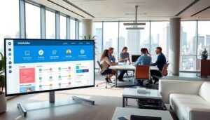 A modern, well-lit office space with sleek, minimalist furniture and an array of digital devices. In the foreground, a large display screen showcases an intuitive user interface for VoteBuilder, with icons and visualizations that highlight efficient voter outreach tools. In the middle ground, a team of campaign staffers collaborates around a conference table, analyzing data and strategizing. The background features floor-to-ceiling windows overlooking a bustling city skyline, conveying a sense of productivity and forward-thinking. The overall atmosphere is one of professionalism, efficiency, and a commitment to leveraging technology to drive successful voter engagement.