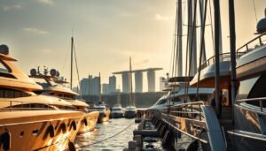 A picturesque marina in Singapore, bathed in golden sunlight. In the foreground, a row of sleek, polished yachts gently sway at their moorings, their gleaming hulls and towering masts reflecting the surrounding waters. The middle ground reveals a bustling scene, with yacht brokers and prospective buyers strolling the docks, admiring the craftsmanship and luxurious amenities on display. In the background, the iconic skyline of Singapore's Marina Bay area rises, its modern architecture and skyscrapers providing a striking contrast to the timeless elegance of the yachts. The atmosphere is one of wealth, sophistication, and the allure of the open sea, inviting the viewer to imagine the adventures that await aboard these magnificent vessels.
