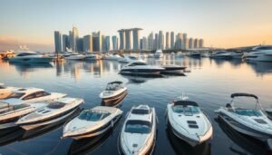 A serene harbor in Singapore, reflected in the calm waters. In the foreground, a range of affordable yet stylish boats - sleek motorboats, nimble sailboats, and spacious pontoons, each with a clear price tag prominently displayed. The middle ground features a mix of luxury yachts and more modest cruisers, offering a variety of options for every budget. The background showcases the iconic city skyline, bathed in warm, golden light, creating an inviting and aspirational atmosphere. The scene conveys a sense of accessible luxury, where the dream of owning a boat in Singapore is within reach for a wide range of incomes.