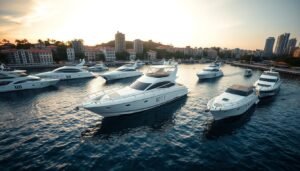 A serene harbor nestled against a vibrant cityscape, featuring a fleet of sleek and luxurious yachts gently bobbing on the tranquil waters. The vessels range from 40 to 60 feet in length, their gleaming white hulls and chrome accents catching the soft, golden hues of the setting sun. The scene is captured through a wide-angle lens, creating a panoramic view that emphasizes the scale and grandeur of these high-end watercraft. The mood is one of sophistication and exclusivity, inviting the viewer to imagine the exhilarating coastal adventures and lavish entertaining that could be experienced aboard these premium, pre-owned yachts, all priced under 2 million Singapore dollars.