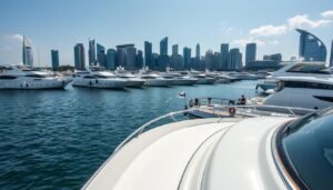 A serene marina in Singapore, where sunlight glistens on the well-polished hulls of pre-owned luxury yachts. In the foreground, a sleek, well-maintained vessel with a gleaming white exterior and a touch of gold trim; its expansive deck inviting prospective owners to envision themselves cruising the waters. The middle ground features a diverse range of yachts, some larger and more opulent, others more compact and nimble, all reflecting the variety of options available for those seeking a pre-owned luxury investment. In the background, the skyline of Singapore's iconic cityscape provides a sophisticated urban backdrop, hinting at the cosmopolitan lifestyle that comes with yacht ownership in this vibrant city.
