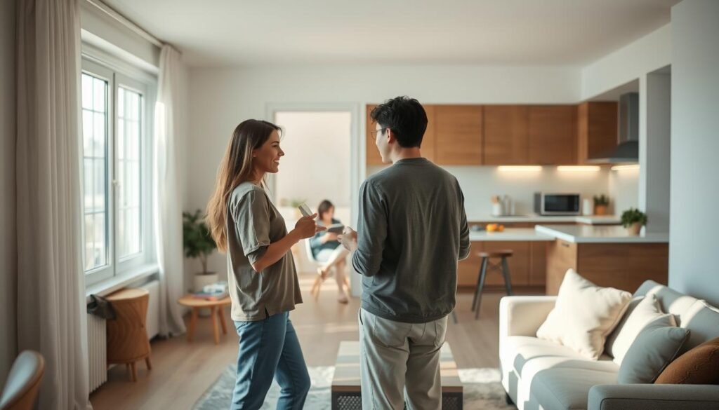 A serene shared living space, filled with natural light and modern furnishings. In the foreground, two residents engage in a lively discussion, their body language conveying a sense of openness and collaboration. The middle ground features a cozy reading nook, where another housemate is immersed in a book, maintaining a tranquil personal space. The background showcases a well-appointed kitchen, hinting at the communal aspects of co-living. Soft, diffused lighting creates a warm, inviting atmosphere, while the clean, minimalist design elements suggest a harmonious balance between privacy and interaction.