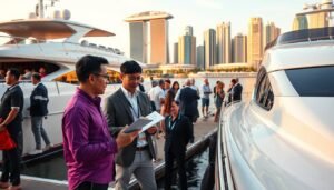 A serene yacht docked in the vibrant Marina Bay of Singapore, its sleek lines and gleaming white hull reflecting the vibrant cityscape. In the foreground, a prospective buyer examines the vessel, clipboard in hand, as a knowledgeable salesperson guides them through the purchasing process. The mid-ground features yachting enthusiasts mingling, discussing the merits of various models. In the background, the iconic skyline of Singapore, bathed in warm, golden light, creates a picturesque scene. The image conveys the excitement and attention to detail involved in acquiring a dream boat in the heart of this thriving maritime hub.