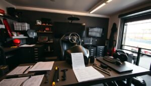 A sleek, high-performance F1 simulator dominates the frame, its advanced cockpit and steering wheel hinting at the exhilarating experience within. Surrounding the simulator, a neatly organized workspace showcases meticulously arranged tools, racing gear, and pre-rental checklists, reflecting the attention to detail required for optimal simulator performance. Subtle ambient lighting casts a warm, focused glow, setting the tone for an immersive, technologically-driven session. In the background, a glimpse of a racing circuit can be seen through a window, further heightening the anticipation of the thrilling virtual experience to come.