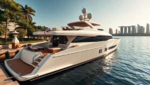 A sleek, luxury liveaboard yacht docked in the heart of Singapore's Marina Bay, gleaming under the warm tropical sun. The vessel's long, streamlined silhouette is punctuated by a spacious sundeck, complete with plush loungers and a cozy outdoor dining area. Floor-to-ceiling windows along the main deck offer panoramic views of the city skyline, while the interiors exude a refined, contemporary elegance. Stepped teak decking leads to a generously appointed aft swim platform, perfect for easy water access. The yacht's high-gloss hull and crisp, white superstructure create a striking contrast against the lush greenery and vibrant cityscape of Singapore's iconic waterfront.