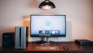 A sleek, modern desktop setup with a large monitor displaying the Kodi media center interface. The screen shows the Kodi logo and a simple, intuitive menu layout. In the foreground, a computer tower in a minimalist metal chassis stands on a wooden desk, complemented by a modern wireless keyboard and mouse. Soft, diffused lighting from an overhead lamp creates a warm, productive atmosphere. The background features a plain, muted wall, allowing the focal point to be the Kodi setup. The overall impression is one of a clean, efficient, and user-friendly media management experience.