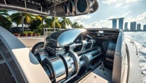 A sleek, modern yacht engine powering through the waters of Singapore's harbor. Sunlight glints off the chrome and polished metal surfaces, casting intricate shadows and highlights across the intricate machinery. The engine block is a focal point, its pistons and crankshaft visible, showcasing the raw power and technical precision that propels the yacht forward. The surrounding environment is lush and tropical, with palm trees lining the marina and the iconic Singapore skyline visible in the distance, creating a harmonious blend of nature and engineering. The overall mood is one of sophisticated luxury, power, and efficiency.
