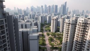 A sprawling urban landscape in Singapore, showcasing the intricate housing regulations that shape the city's residential landscape. In the foreground, a series of high-rise apartment buildings with clean, geometric facades. Muted tones of gray and beige, punctuated by occasional pops of color from balcony railings and window frames. Middle ground reveals a network of pedestrian walkways and landscaped gardens, with people navigating the space. In the background, the skyline is dominated by towering skyscrapers, their glass and steel structures reflecting the city's modern, efficient design. Subtle lighting casts long shadows, evoking a sense of order and precision that characterizes Singapore's approach to urban planning and housing regulations.