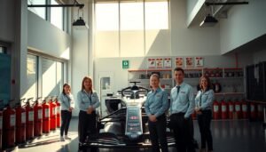 A state-of-the-art F1 racing simulator in a sleek, modern facility with clean, minimalist design. Sunlight streams through large windows, casting a warm, ambient glow over the scene. In the foreground, a team of friendly, attentive customer service representatives in crisp, professional uniforms stand ready to assist customers. Behind them, the simulator rig is prominently displayed, its intricate controls and dynamic, adjustable features showcasing the immersive, high-fidelity racing experience. In the background, an array of safety equipment, including fire extinguishers, first aid kits, and emergency exits, are neatly organized and easily accessible, ensuring the utmost care for customer well-being. The overall atmosphere exudes a sense of excitement, professionalism, and unwavering commitment to safety and customer satisfaction.