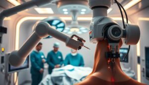 A state-of-the-art robotic parathyroid surgery suite, bathed in warm surgical lighting. In the foreground, a precision robotic arm hovers over a human neck, its delicate instruments poised for the intricate removal of a parathyroid gland. In the middle ground, a team of skilled surgeons monitor the procedure on a series of high-resolution displays, their faces illuminated by the glow of the screens. The background reveals a futuristic, clean-room environment, with gleaming white walls and a sense of technological sophistication. The overall atmosphere conveys a harmonious blend of cutting-edge medical technology and the steady hands of experienced practitioners, delivering exceptional outcomes in parathyroid surgery.