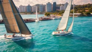 A stunning, sun-drenched scene of an exclusive sailing regatta unfolds on the azure waters of a pristine harbor. In the foreground, sleek yachts with billowing sails slice through the gentle waves, their crews expertly maneuvering the vessels. The middle ground reveals a bustling dock, where well-heeled members of the Singapore Yacht Club gather to watch the thrilling competition and socialize. In the background, a picturesque skyline of gleaming high-rises and lush greenery frames the scene, creating a sense of refined, cosmopolitan elegance. The lighting is warm and inviting, casting a golden glow over the entire tableau and conveying the vibrant, lively atmosphere of this exclusive club event.