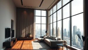 A stylish interior with a large, floor-to-ceiling window showcasing a stunning view of a modern city skyline. The window is adorned with a seamless, integrated smart glass system, its transparent surface responding to touch controls and voice commands, adjusting the tint and opacity to optimize natural lighting and temperature. The room is bathed in warm, diffused lighting, creating a cozy and inviting atmosphere. Minimalist furniture and decor elements complement the clean, contemporary aesthetic, while smart home devices blend seamlessly into the environment, illustrating the effortless integration of cutting-edge technology within a refined, elegant living space.