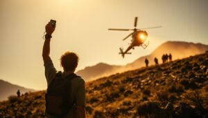 A sun-dappled wilderness scene, a lone hiker in the foreground raising a personal locator beacon, its LED indicator blinking with urgency. In the middle ground, a dramatic rescue chopper hovers, its spotlight illuminating the rugged terrain. In the distance, silhouetted figures of rescuers rushing to the aid of the stranded explorer. Warm, golden light suffuses the entire composition, evoking a sense of relief and gratitude. The image conveys the real-life drama and heroism of PLB success stories, where quick actions and reliable technology unite to save lives in remote, perilous environments.