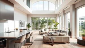 A sun-drenched communal living space in a chic co-living facility. In the foreground, a modern, minimalist kitchenette with sleek stainless steel appliances and a marble-topped island, surrounded by plush, ergonomic barstools. The middle ground features a spacious, open-plan lounge area with an L-shaped sofa in a muted color palette, complemented by a curated selection of decorative plants and artworks on the walls. The background showcases floor-to-ceiling windows that flood the space with warm, natural light, offering a panoramic view of a lush, verdant courtyard. The overall atmosphere exudes a sense of refined elegance and contemporary luxury, reflecting the premium amenities found in Singapore's best co-living communities.