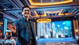 A vibrant and dynamic scene showcasing the quintessential qualities of an emcee in Singapore. In the foreground, a confident and charismatic figure stands tall, engaging the audience with a warm smile and expressive gestures. The middle ground features a well-lit event stage, with sleek modern decor and a backdrop of Singapore's iconic cityscape. The lighting is soft and inviting, creating a sense of energy and professionalism. The overall atmosphere exudes a perfect blend of poise, liveliness, and exceptional event-hosting skills that encapsulate the top qualities expected of an emcee in Singapore.