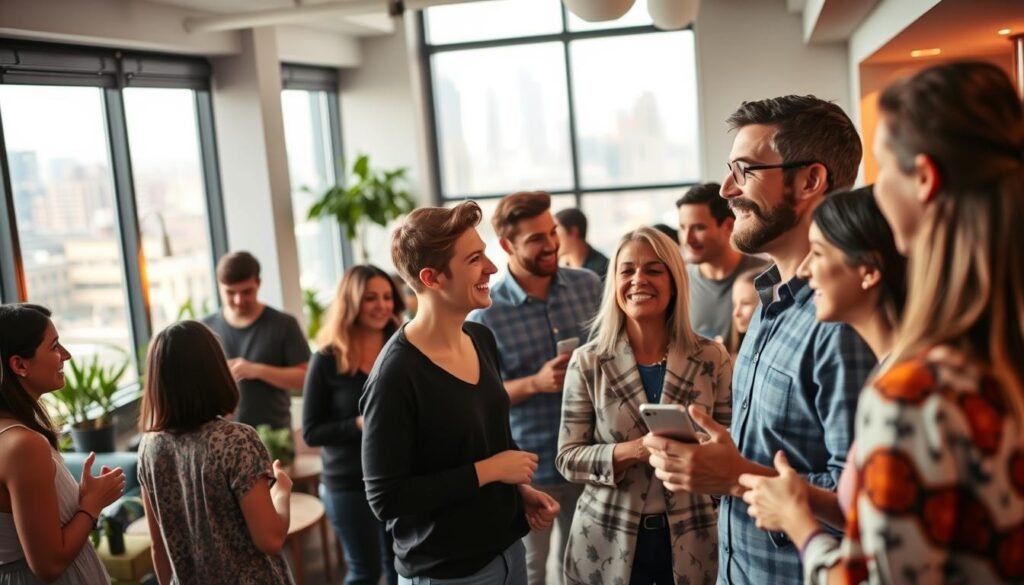 A vibrant community gathering in a modern co-living space. In the foreground, residents mingle and converse animatedly, their faces lit by warm, soft lighting. The middle ground showcases a shared living room with comfortable seating and plants, creating a cozy, welcoming atmosphere. In the background, floor-to-ceiling windows offer a glimpse of the cityscape beyond, highlighting the integrated nature of the co-living experience. The scene exudes a sense of togetherness, with residents engaged in meaningful discussions and activities, fostering a strong sense of community.